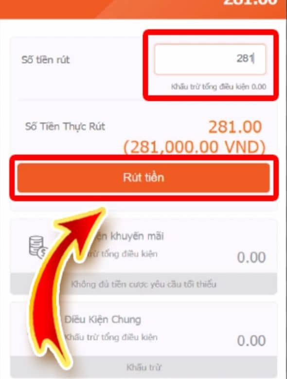 Nhập số tiền cần rút và bấm rút tiền